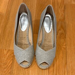 Adrienne Vittadini Silver Glitter Peep-Toe Wedge Espadrilles